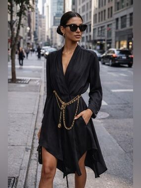 Banana Republic full v-neck A-line Satin Cocktail Party Dress Small golden chain